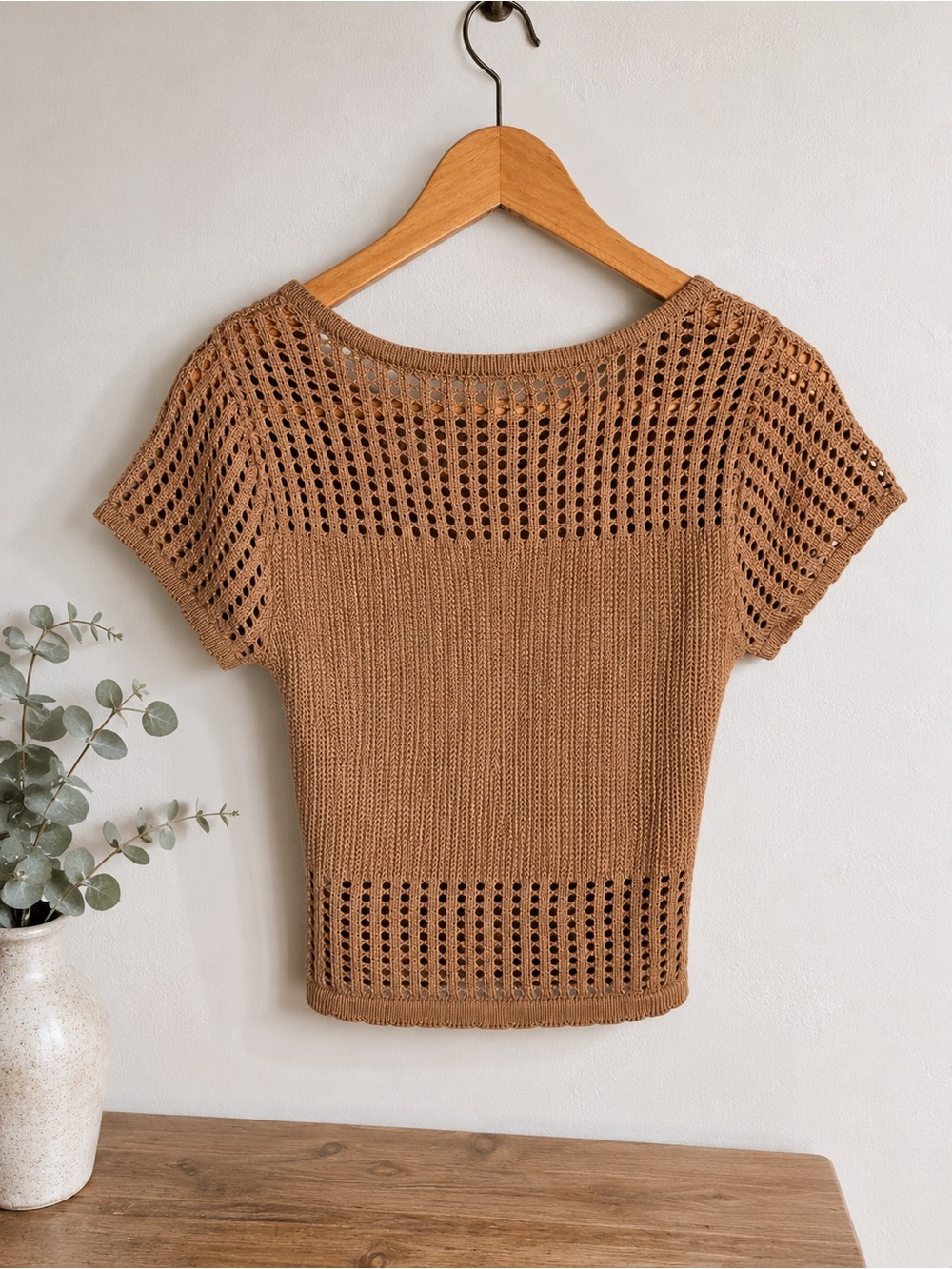 Crochet taupe short sleeve sweater top